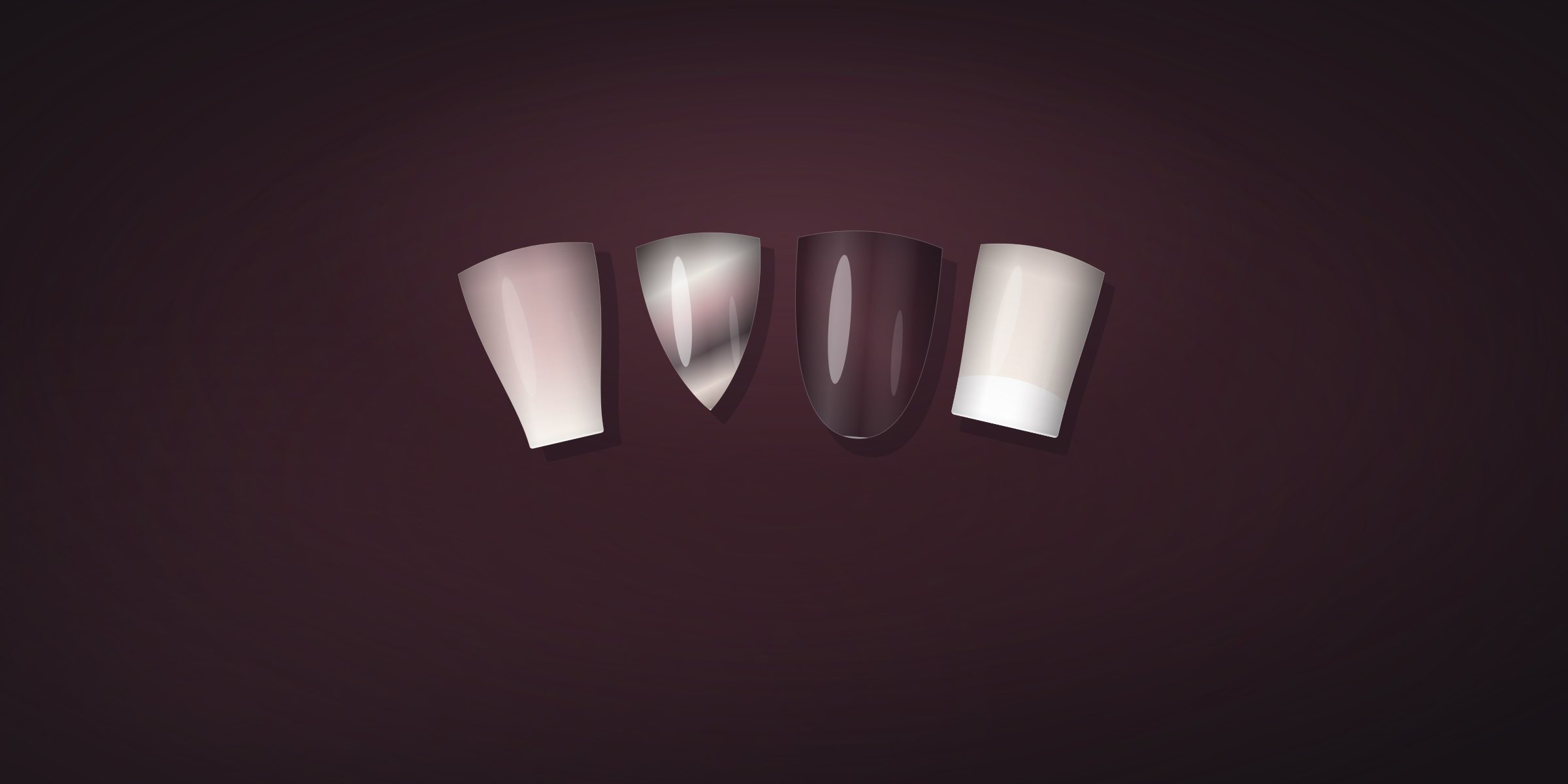Four finished nail tips — ombré, chrome, gel and French — arranged across a dark wine backdrop
