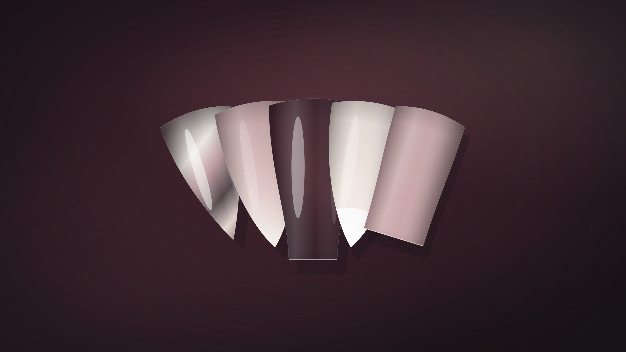 Five nail tips fanned across a dark wine backdrop, showing the chrome, ombré, gel, French and dipping powder finishes offered at KD Nails