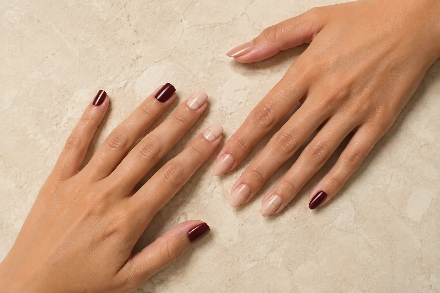Two hands displaying wine red, nude and fine-line manicures
