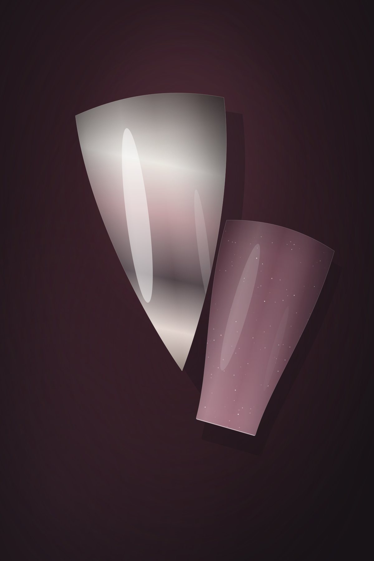 Stiletto nail tip in a metallic chrome finish beside a glitter-flecked coffin tip