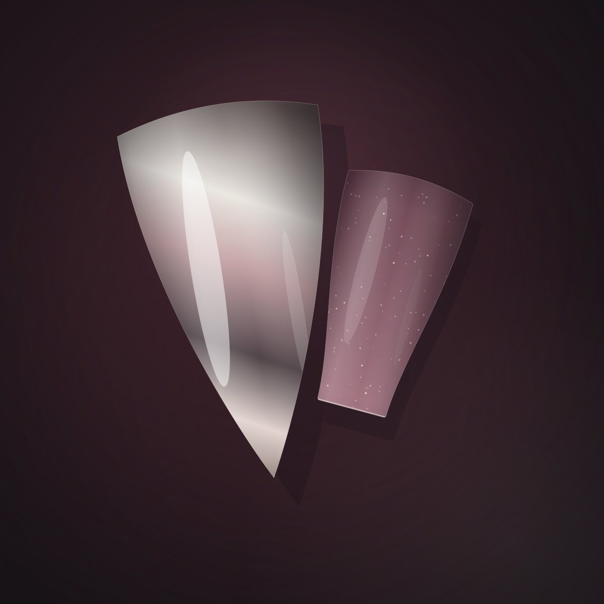 Stiletto nail tip in a metallic chrome finish beside a glitter-flecked coffin tip