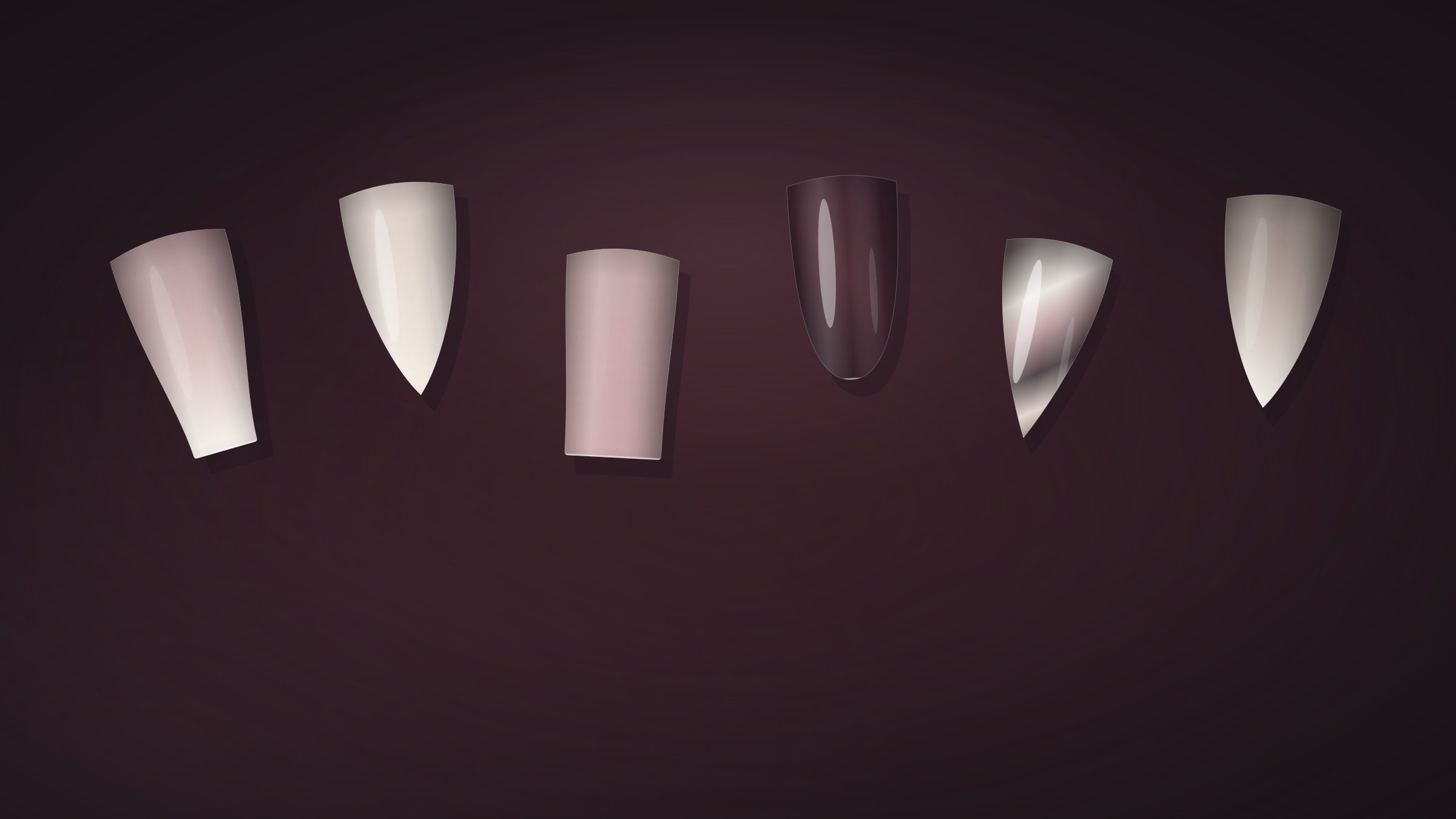 Six nail tips laid out in a row, each finished in a different KD Nails treatment: acrylic ombré, BIAB, dipping powder, gel polish, chrome and nude ombré
